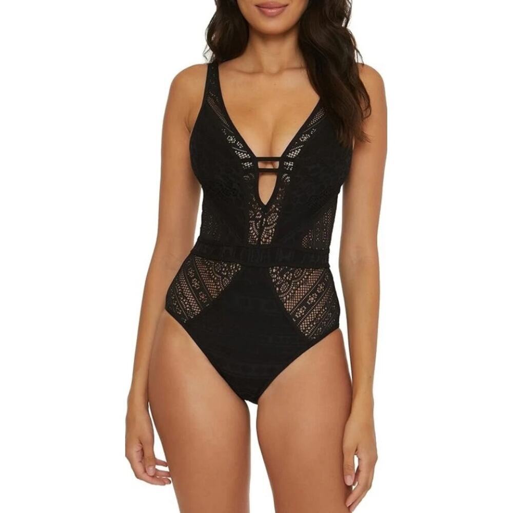 Becca Women's Black Play Crochet Plunge-Neck One-Piece Swimsuit Size L